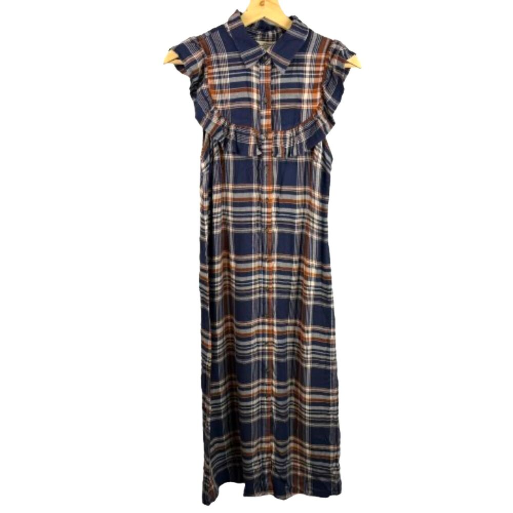 Universal Thread Plaid Ruffle Sleeve Button Front Blue Brown Maxi Dress Size S